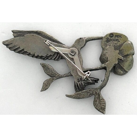Vintage Pewter Hummingbird & Flower Brooch Pin By Spoon 2.25 Inch - Picture 3 of 4